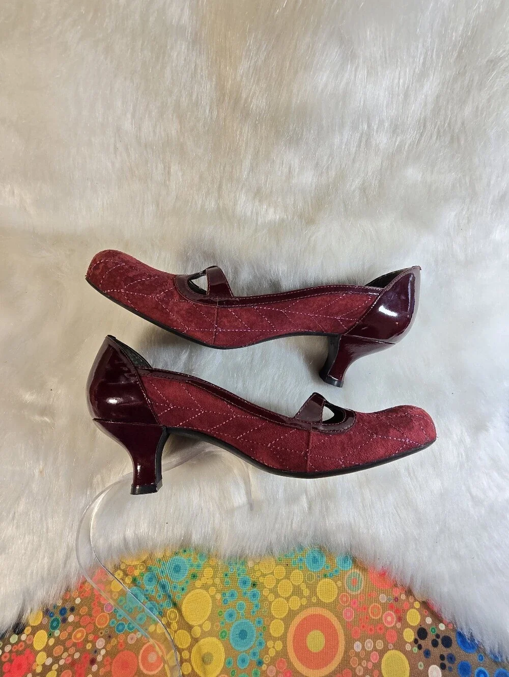 Franco Sarto Burgundy Suede & Patent Mary Jane Kitten Heels  Dress Pumps